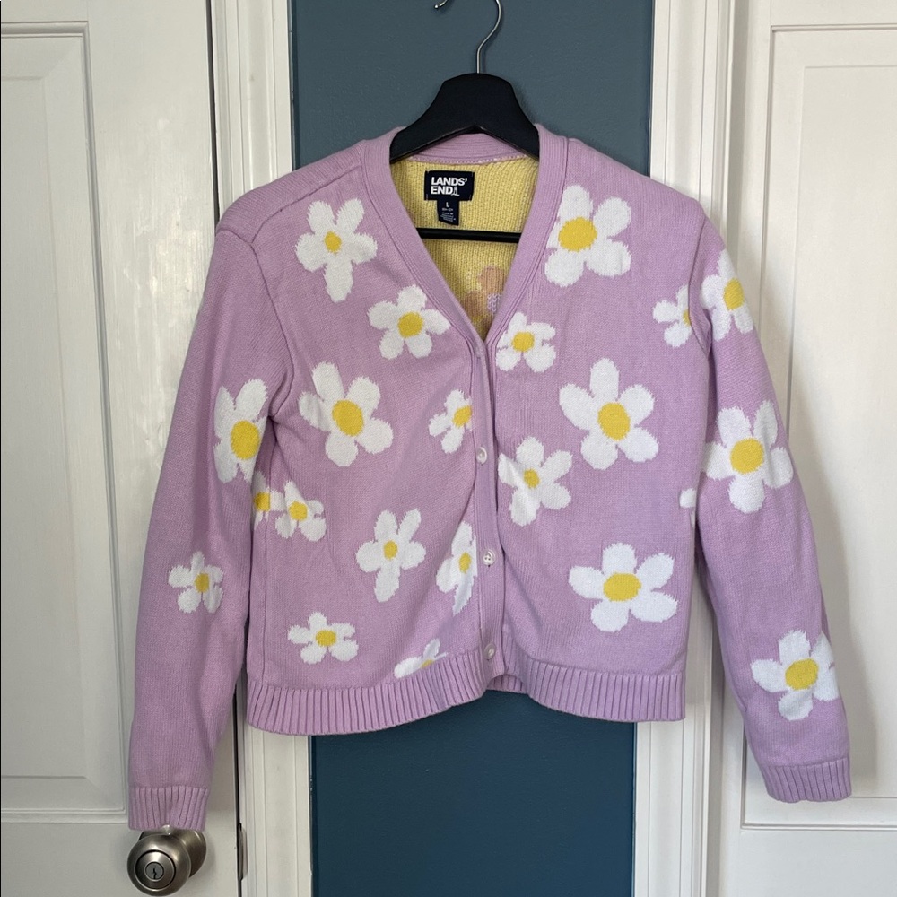 Lands' End Kids’ Cardigan Knit Daisy Pattern L Cottagecore
